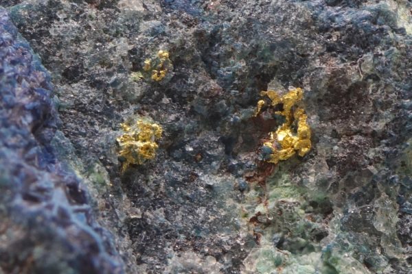 Gold, shattuckite, chrysocolla, cuprite