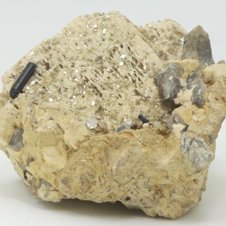 Orthoclase, smoky quartz, scorodite